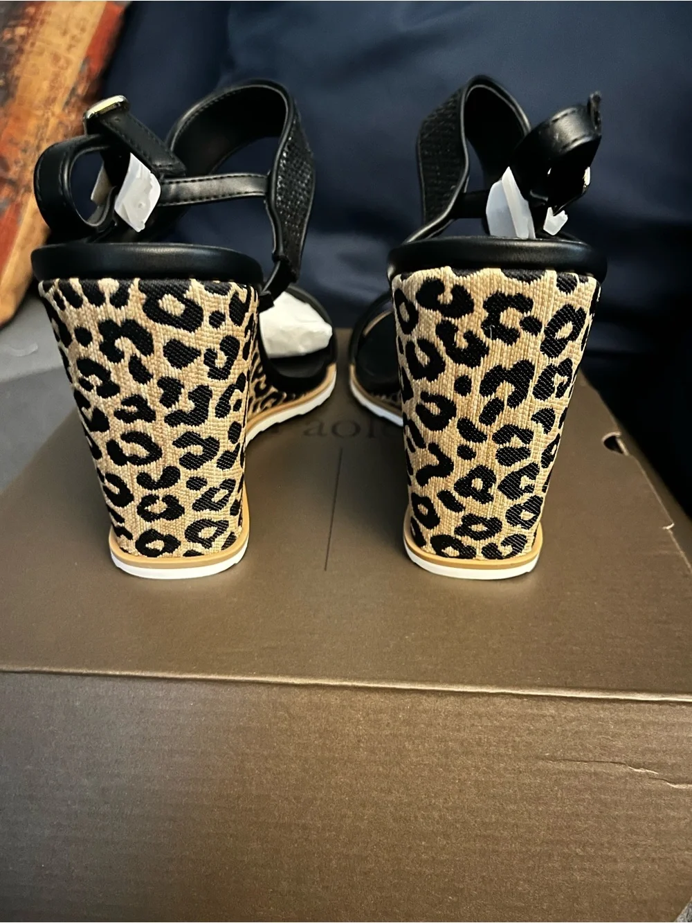 Linea Paolo Edith-L Black Woven Leopard Wedge Sandals Size 11
